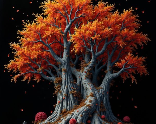 Majestic tree with orange foliage on black background