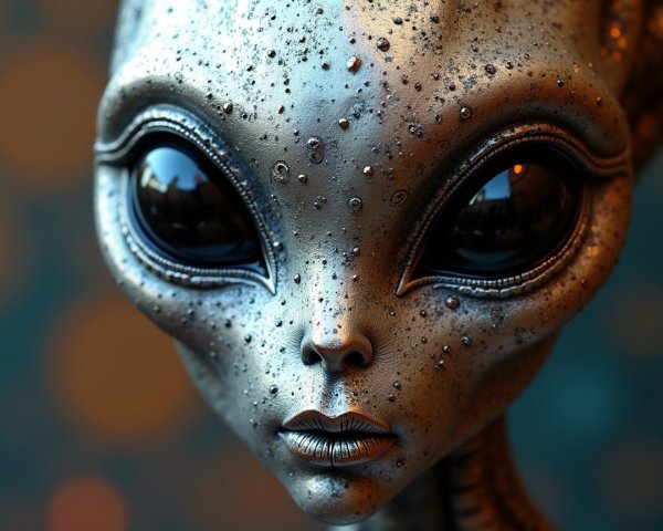 Close-Up of a Silver Alien Figure with Glossy Eyes
