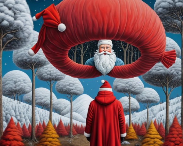Whimsical Winter Landscape with Santa and Red Cloak Figure