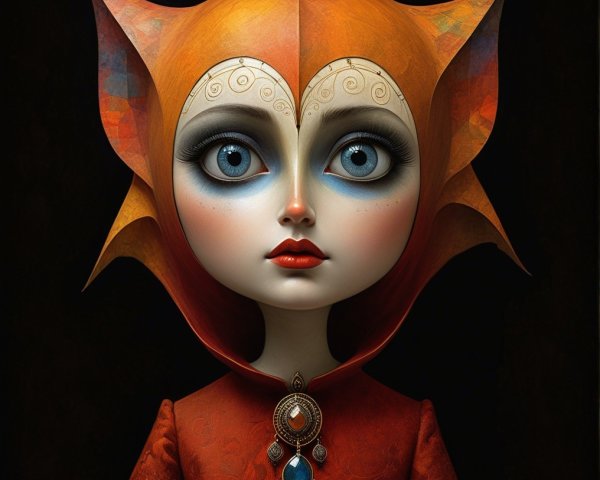Whimsical Character with Blue Eyes and Orange Headpiece