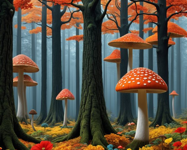 Autumn Forest Scene with Vibrant Foliage and Mushrooms