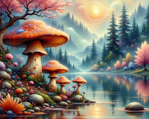Serene Landscape with Colorful Mushrooms and Lake