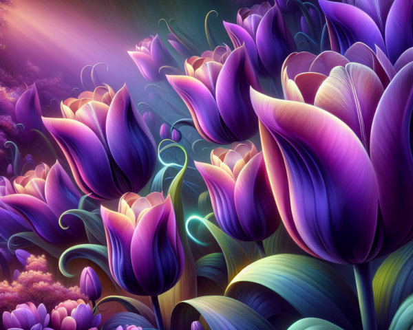 Vibrant Purple Tulips Surrounded by Lush Greenery
