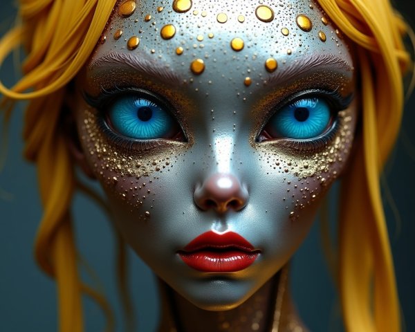 Stylized figure with metallic skin and blue eyes