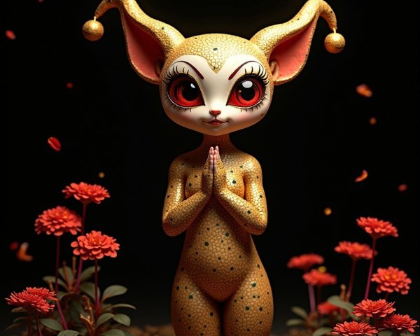 Golden Anthropomorphic Doll Surrounded by Red Flowers