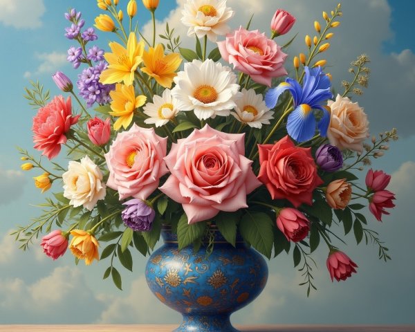 Vibrant Bouquet of Flowers in Ornate Blue Vase
