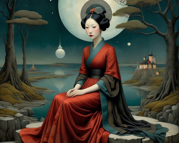 Serene Figure in Red Kimono by Tranquil Lake at Night