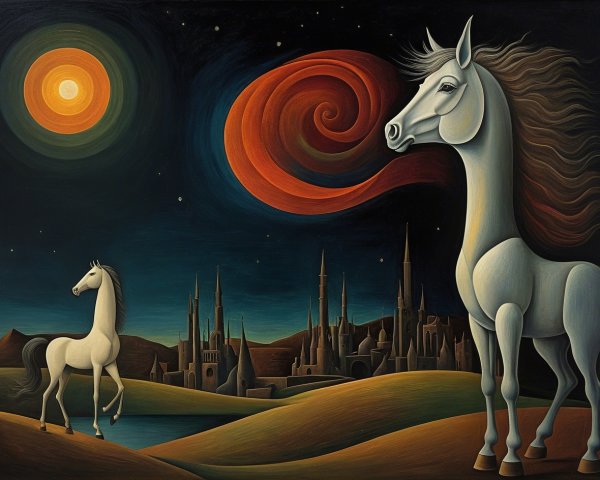Surreal Painting of White Horses in Night Landscape