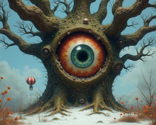 Surreal landscape with giant tree and vivid eye