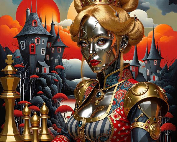 Colorful Cyber-Steampunk Artwork of a Robot Queen