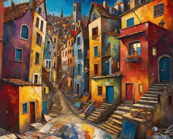 Vibrant Village Street Scene with Colorful Buildings