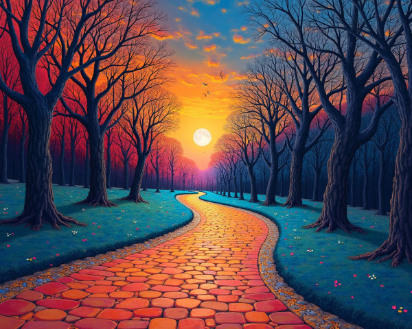 Twilight Scene with Cobblestone Path and Moon