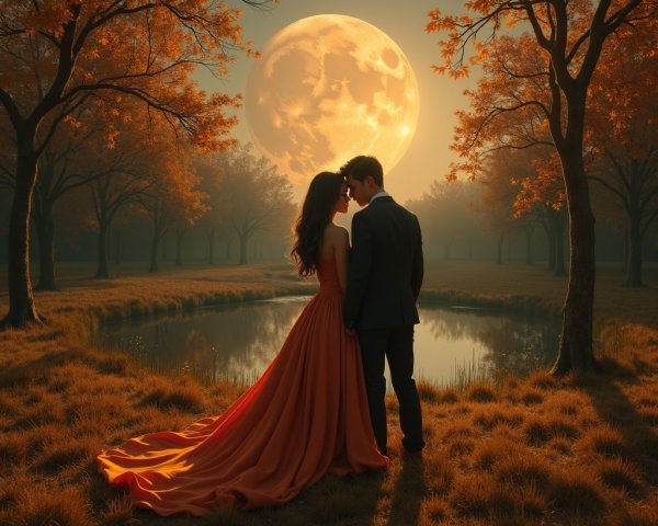 Couple Embracing by a Moonlit Autumn Pond