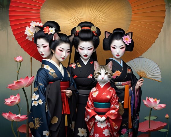 Elegant Women in Kimono with Floral Patterns and Cat