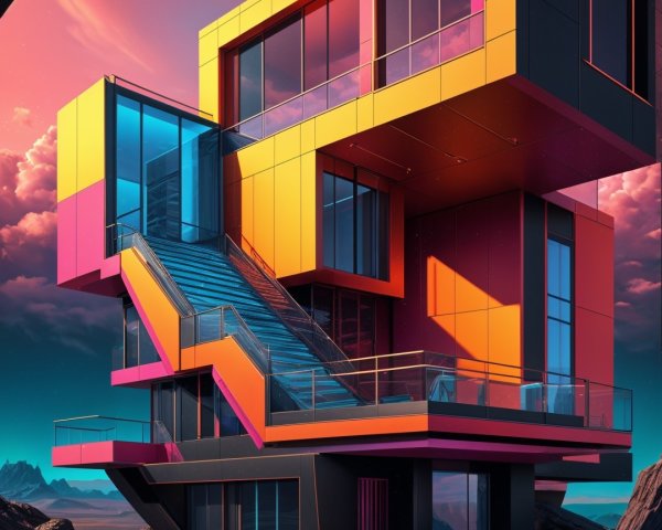 Futuristic Building with Bold Geometric Shapes at Sunset