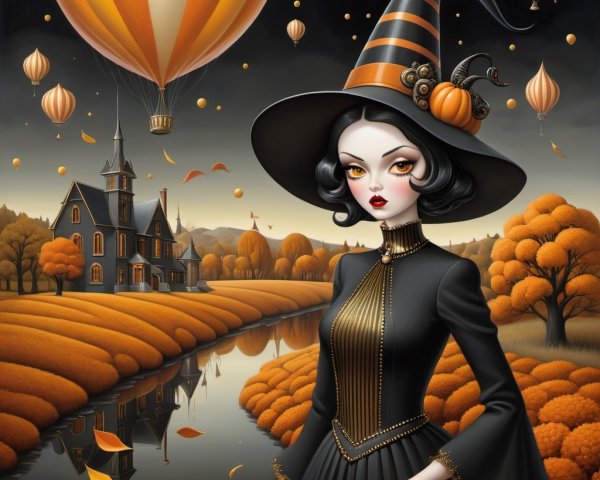 Witch in Elegant Dress by Autumn River and Balloons