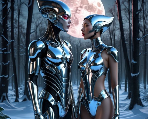 Moonlit Forest Scene with Futuristic Robots