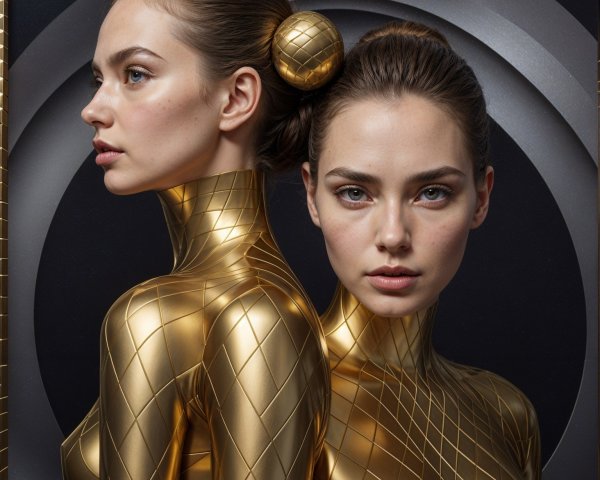 Portrait of Identical Women in Golden Bodysuits
