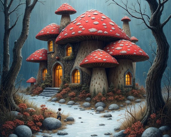 Whimsical Mushroom House in Serene Forest Setting
