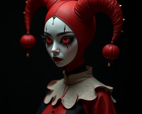 Jester-Inspired Doll with Elaborate Costume and Makeup