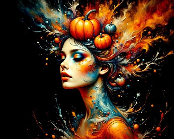 Surreal Woman with Colorful Hair and Pumpkin Accents