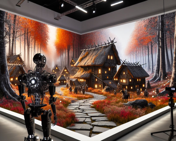 Humanoid Robot in Gallery with Autumnal Mural
