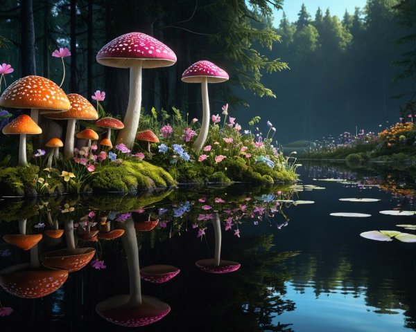 Vibrant Mushrooms and Flowers in a Serene Forest Scene