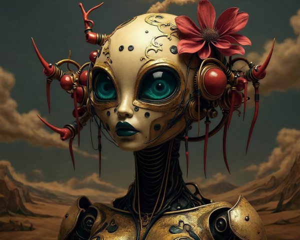 Futuristic Steampunk Female Android in Desert Landscape