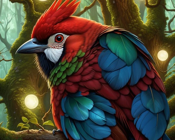 Digital Painting of a Colorful Macaw in Enchanted Forest