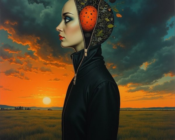 Woman in Black Jacket Against Dramatic Sunset Background