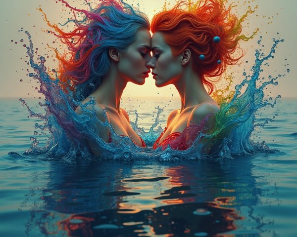 Ethereal Figures with Colorful Hair in Water Splash