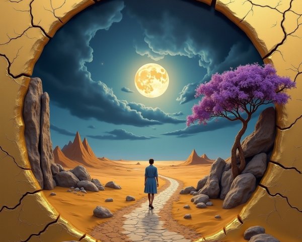 Surreal Landscape with Winding Path and Golden Circle