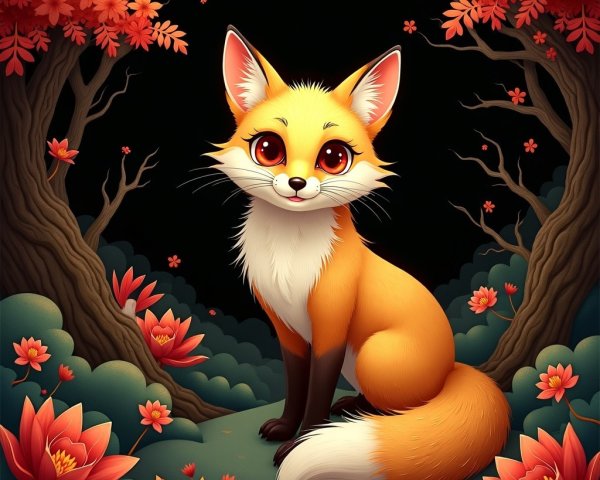 Cartoon Fox in Whimsical Autumn Forest Scene