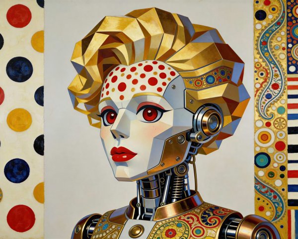 Geometric Robot Woman with Metallic Features and Patterns