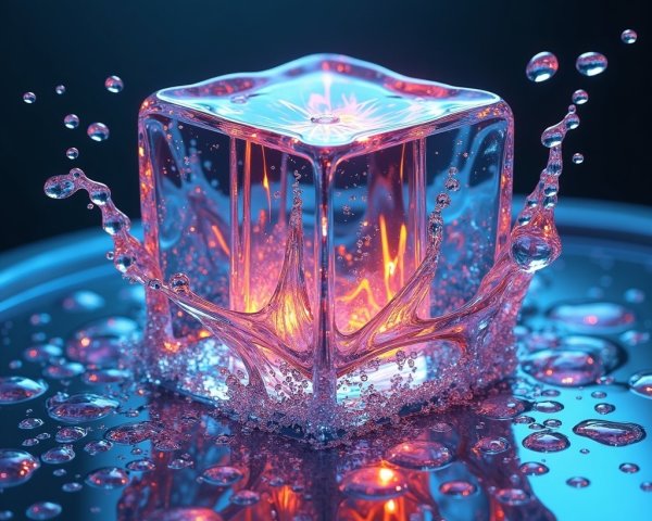 Illuminated Ice Cube on Reflective Surface with Water