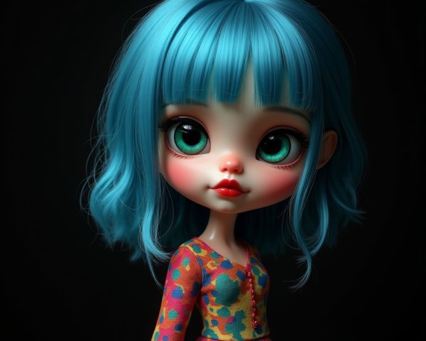 Whimsical doll with blue hair and vibrant dress
