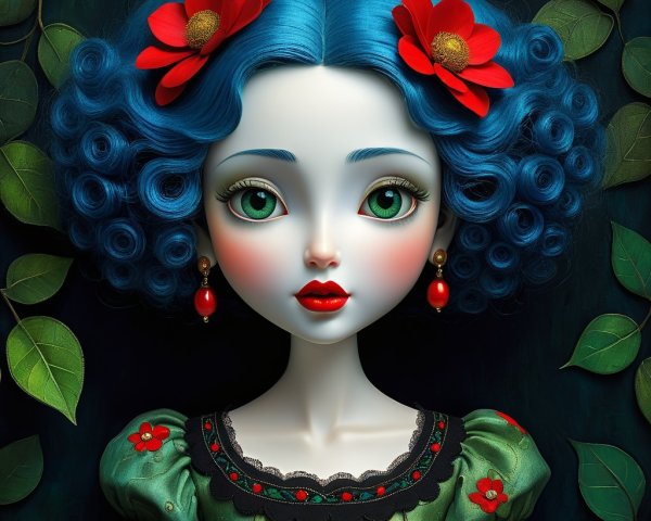 Porcelain Doll with Blue Hair and Green Folkloric Outfit