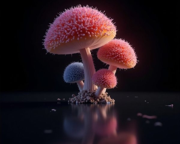 Vibrant Stylized Mushrooms on Reflective Surface