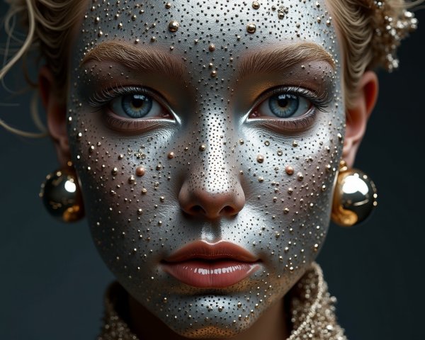 Portrait of a person with metallic silver face and beads
