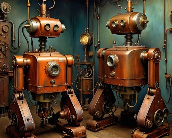 Vintage Robots in Steampunk Industrial Setting