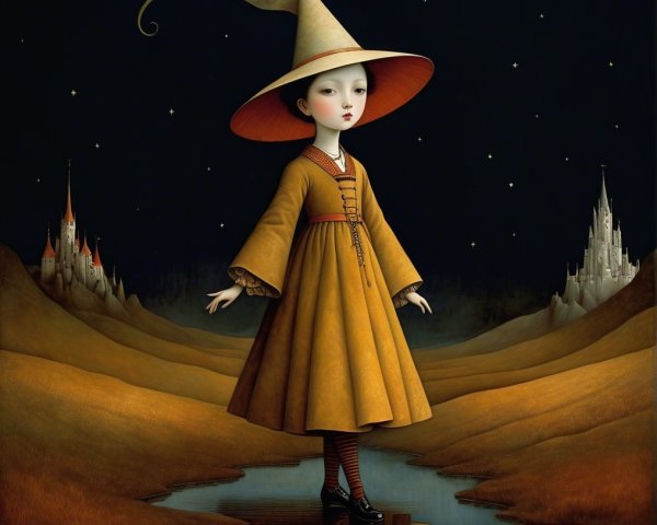 Young girl in flowing dress under starry night sky