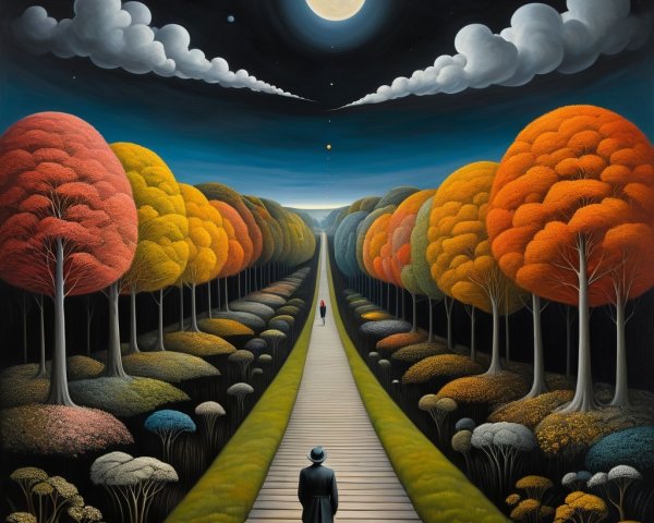Surreal Autumn Landscape with Pathway and Moonlight