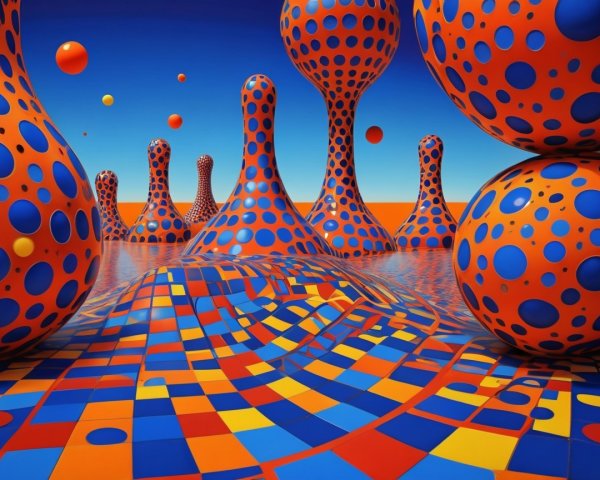 Surreal Landscape with Vibrant Polka-Dotted Forms