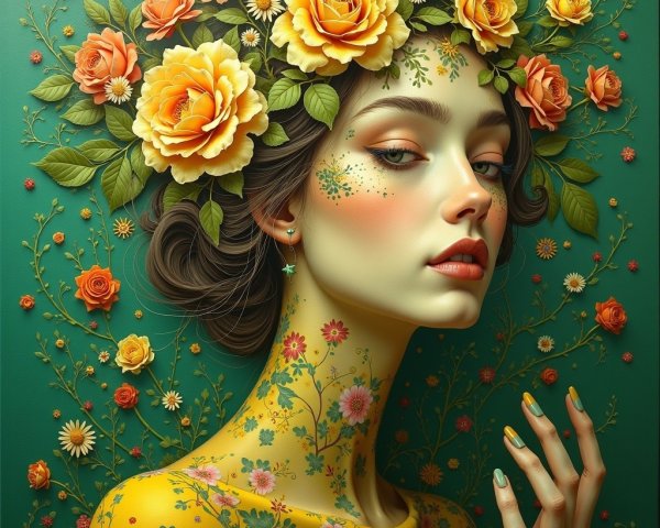 Portrait of a woman with yellow roses and greenery