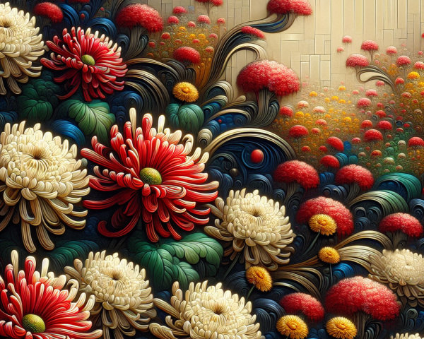 Intricate Floral Design with Red and White Chrysanthemums