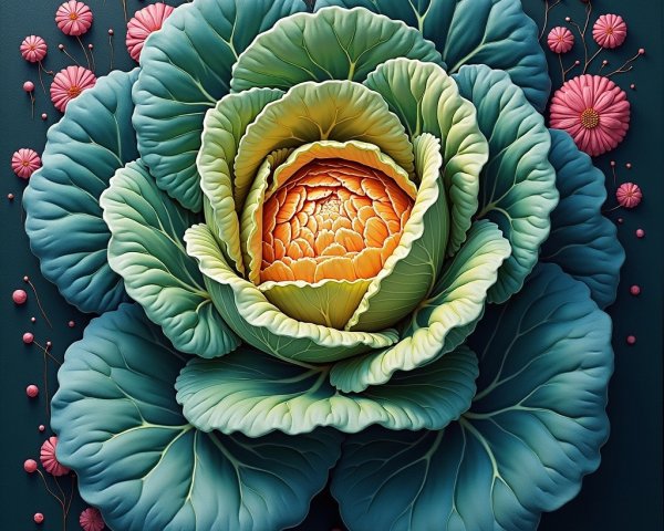 Intricate Cabbage Surrounded by Pink Flowers and Tendrils