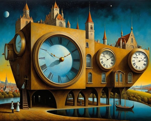 Surreal Landscape with Giant Clocks and Castle Structure