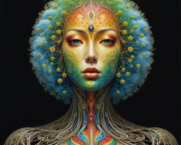 Stylized Female Figure with Intricate Patterns and Colors