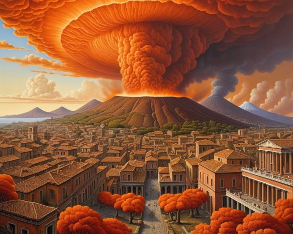 Sunset and Volcanic Eruption Over Historical City