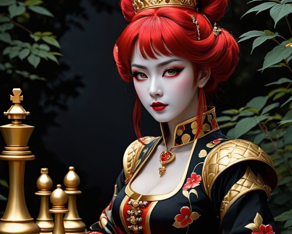 Regal Figure Beside Chessboard in Traditional Costume